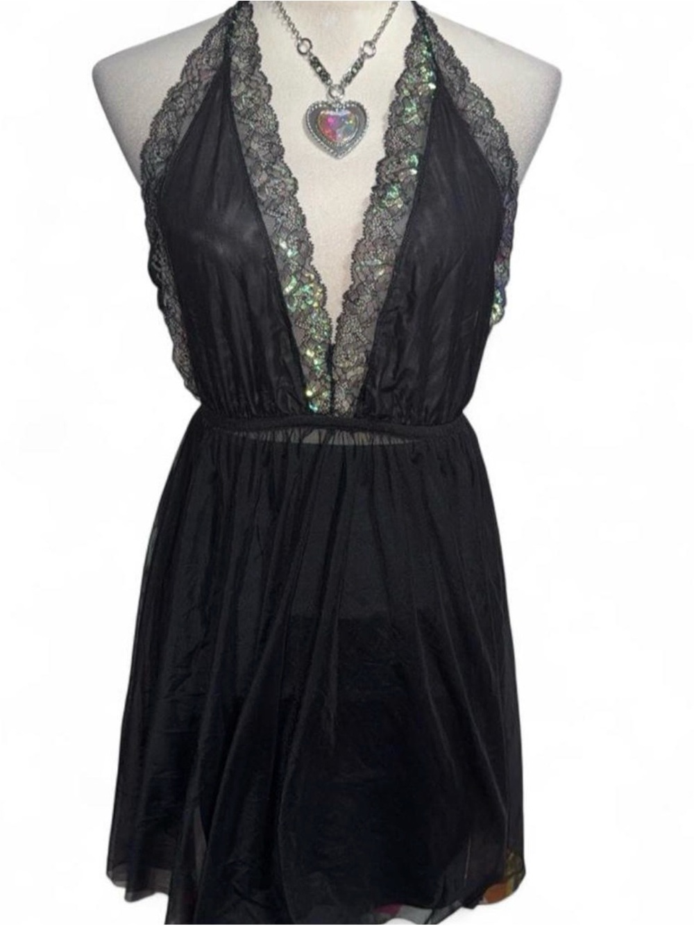 Lace-Trim Halter Chemise in Black